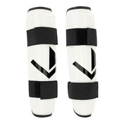 Valor shin guards in white with black V emblem and three hook-and-loop straps