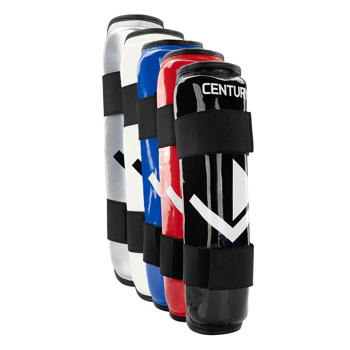 Stacked shin guards in blue, red, and black with black straps and chevron logos