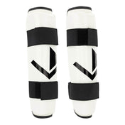Valor shin guards in white with black V emblem and padded design with three straps