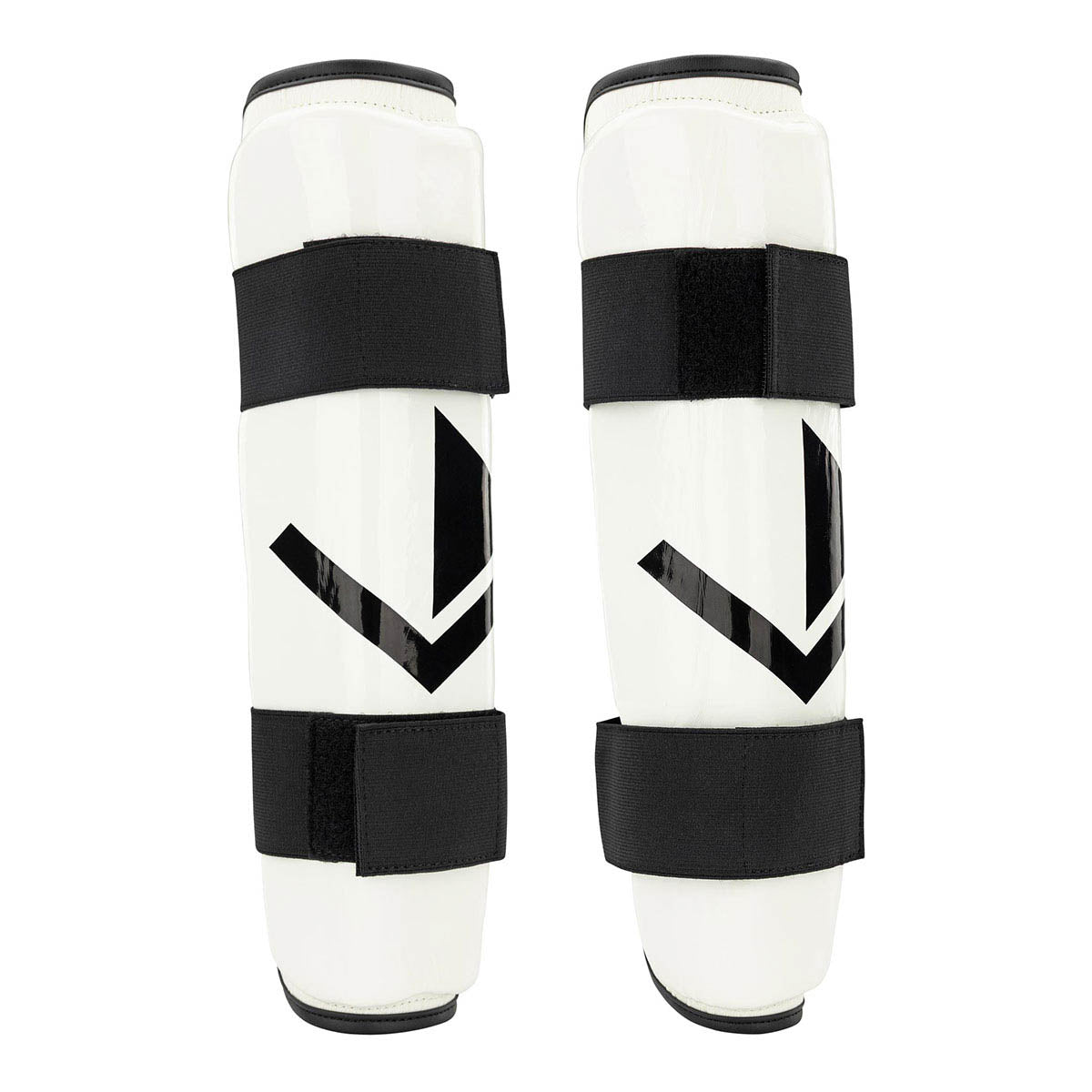 Valor shin guards in white with black V emblem and three wide hook-and-loop straps