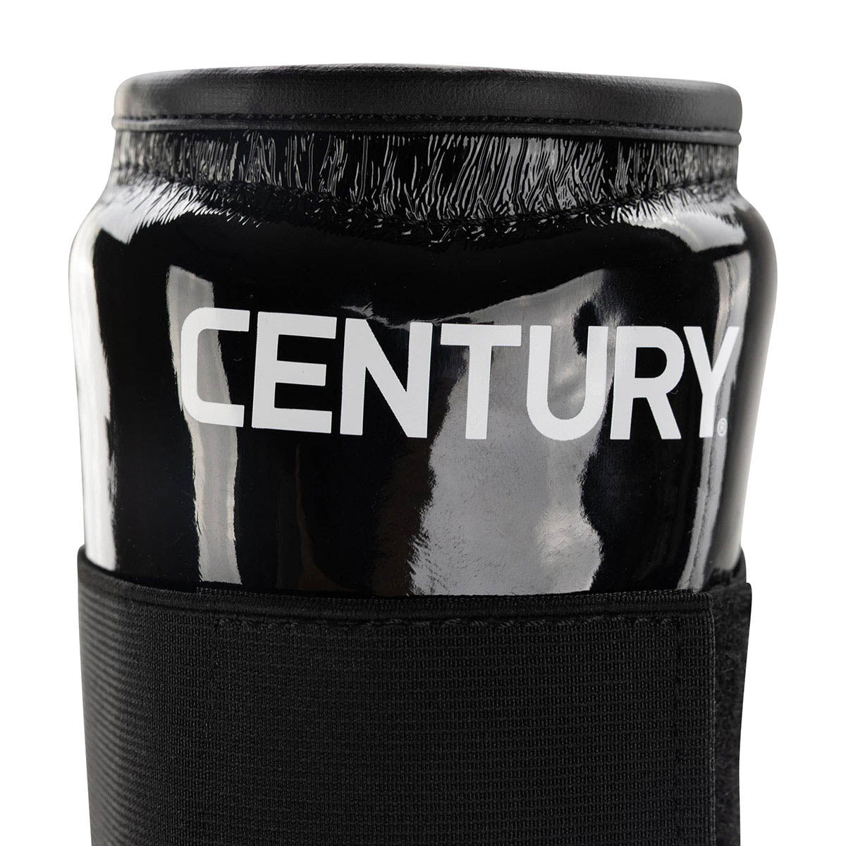 Black shin guard with black strap and 'CENTURY' branding on the padded top