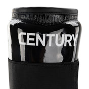 Black shin guard with black strap and 'CENTURY' branding on the padded top