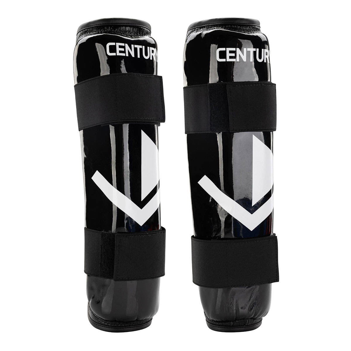 Valor shin guards in black with white V emblem and three hook-and-loop straps