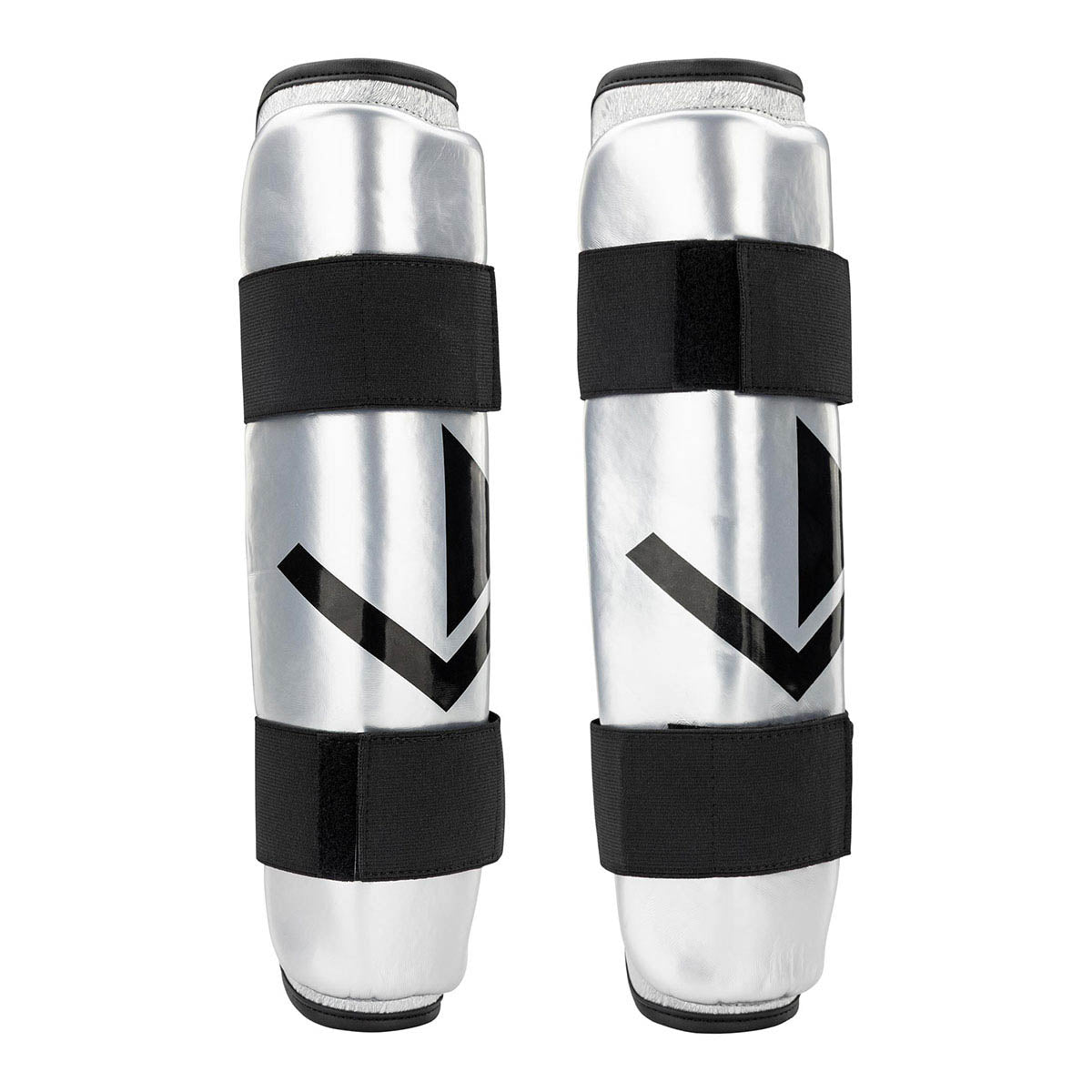 Silver shin guards with white emblem panel and black fastening straps (pair)