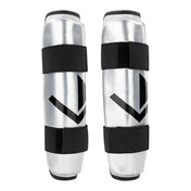 Silver shin guards with white emblem panel and black fastening straps (pair)