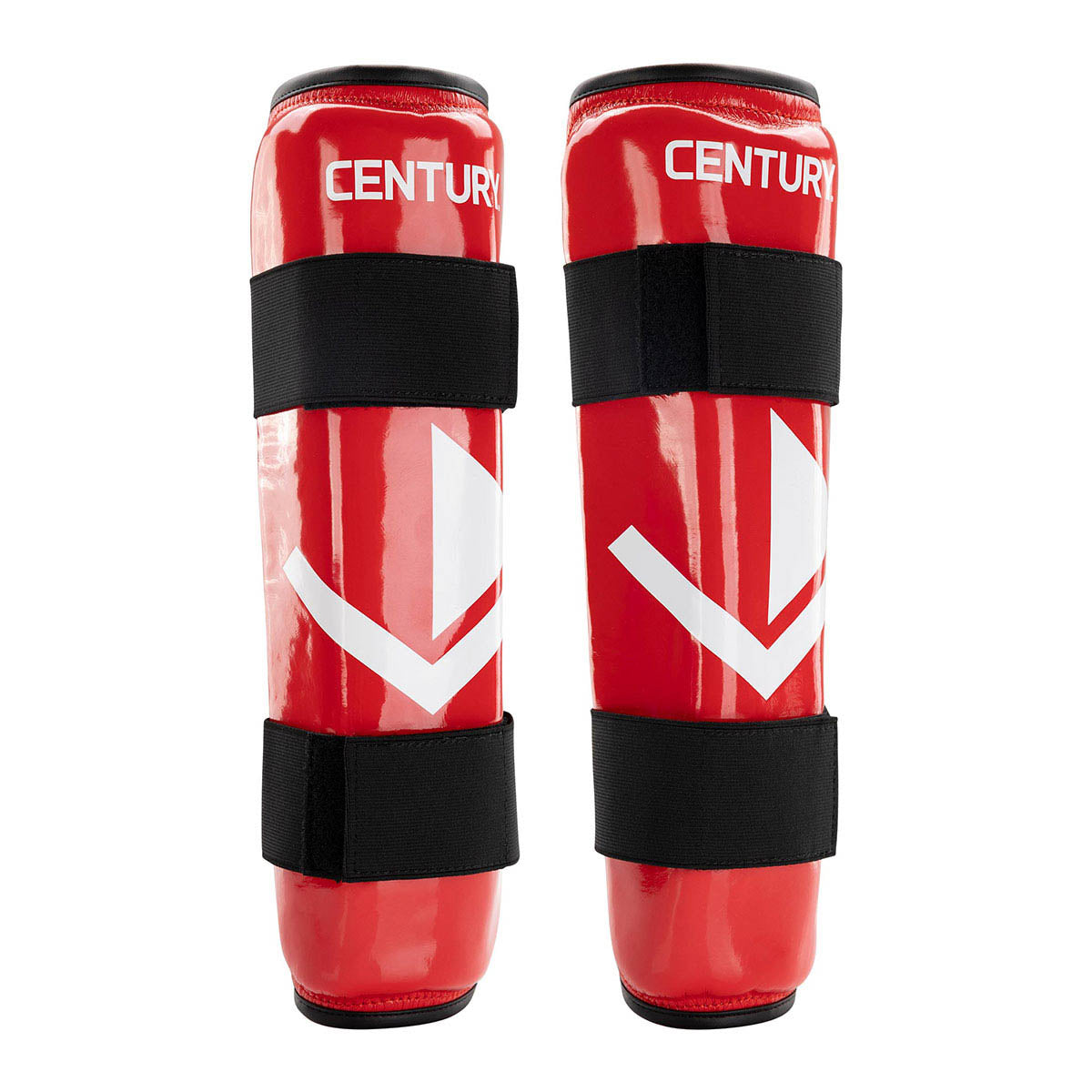 Red shin guards with white logo and black fastening straps, padded protection (pair)