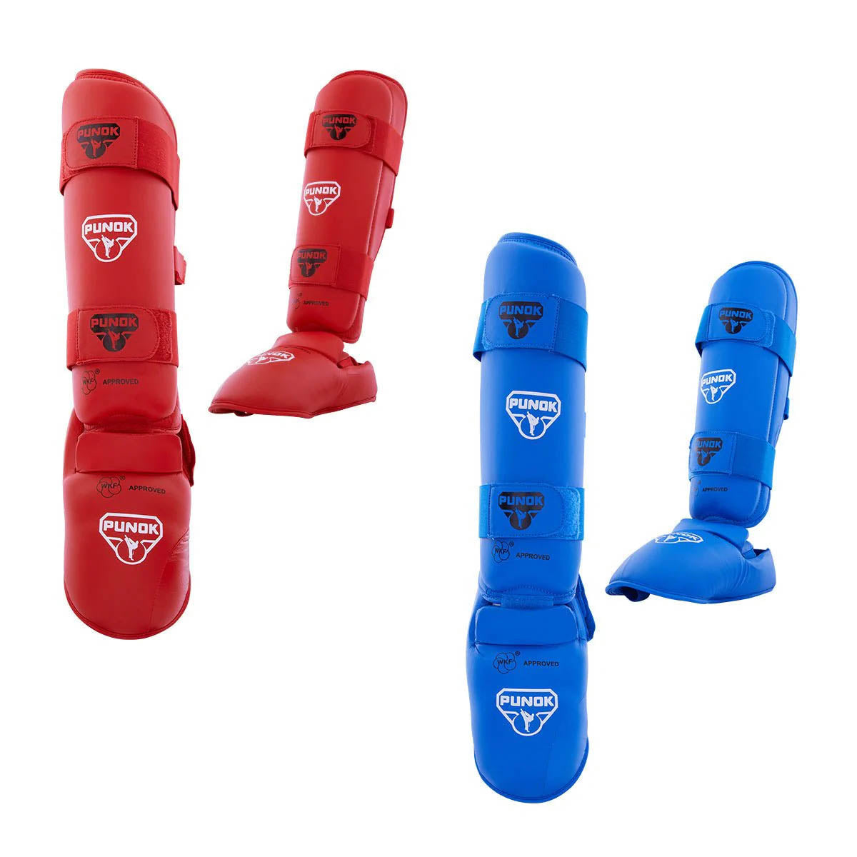 Punok WKF-approved shin and instep guards, red and blue pair