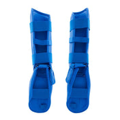 Punok WKF-approved shin and instep guards in blue, rear strap and padding view