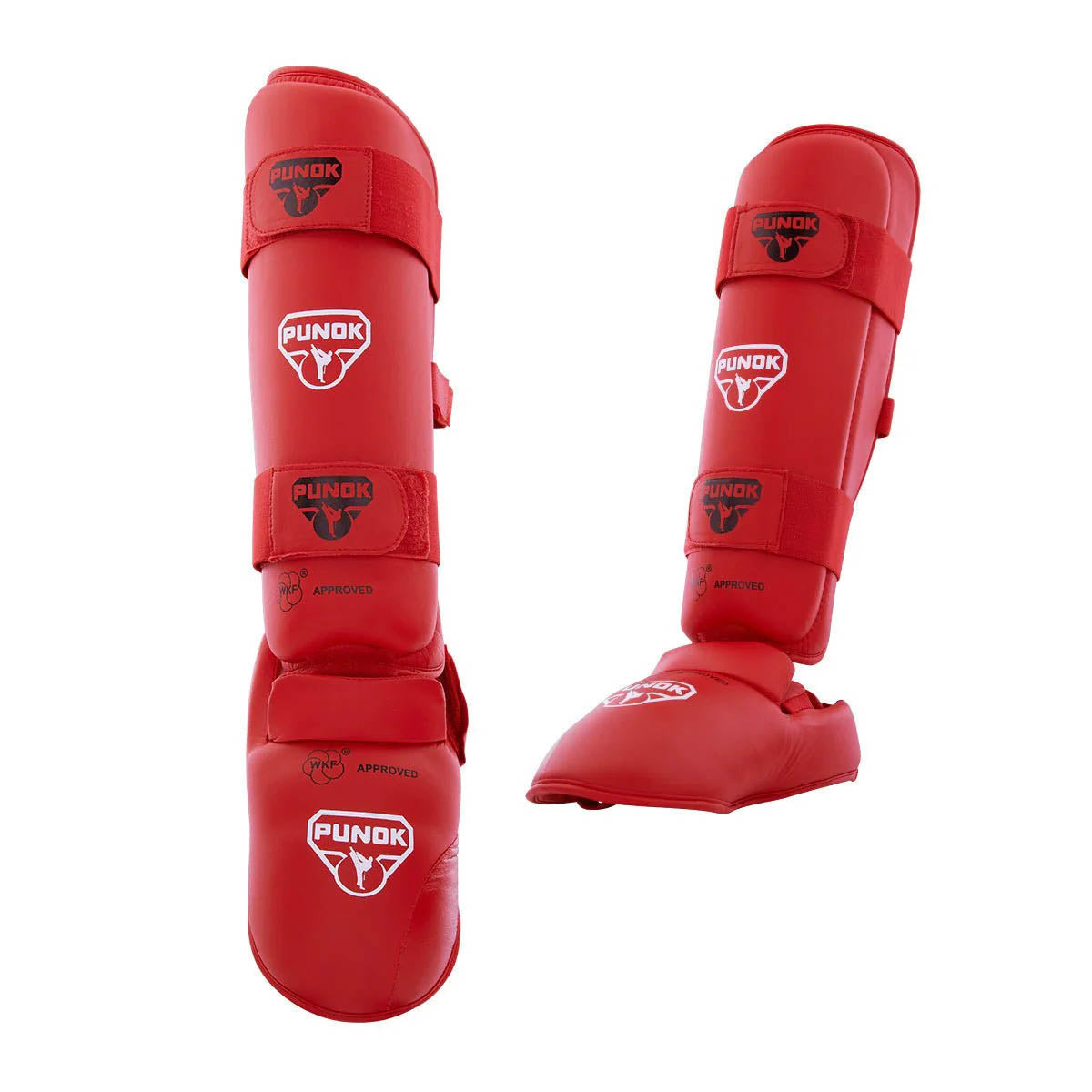 Punok WKF-approved shin and instep guards in red, front view
