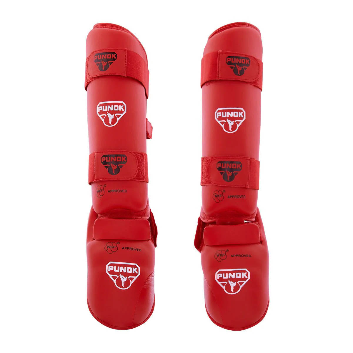 Punok WKF-approved shin and instep guards in red with front padding
