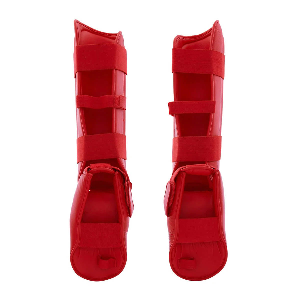 Punok WKF-approved shin and instep guards in red, adjustable strap view