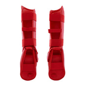 Punok WKF-approved shin and instep guards in red, adjustable strap view