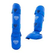 Blue padded shin and instep guards with top strap and forefoot support.