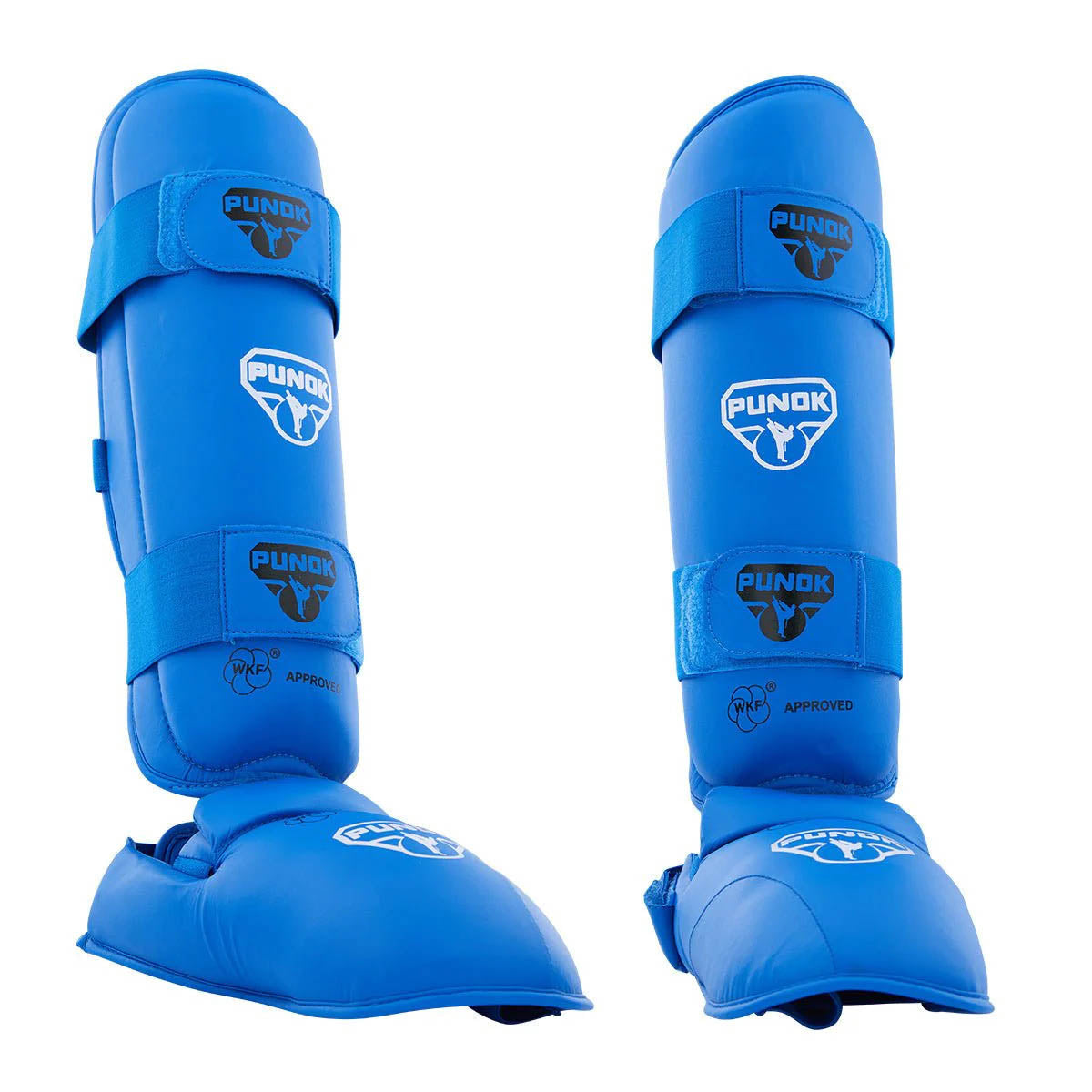 Punok WKF-approved shin and instep guards in blue, side with instep cover