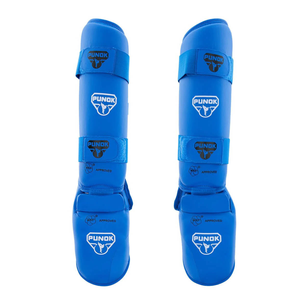 Punok WKF-approved shin and instep guards in blue, front view