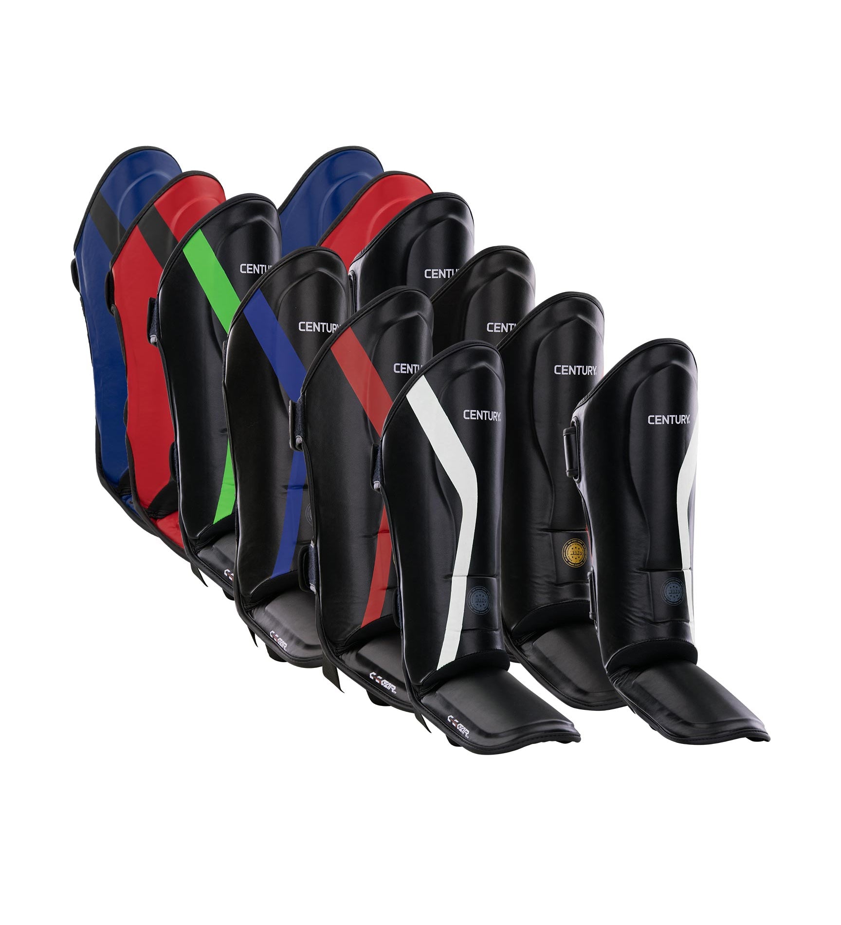 Shin instep guards set with black curved shells and multicolor geometric accents