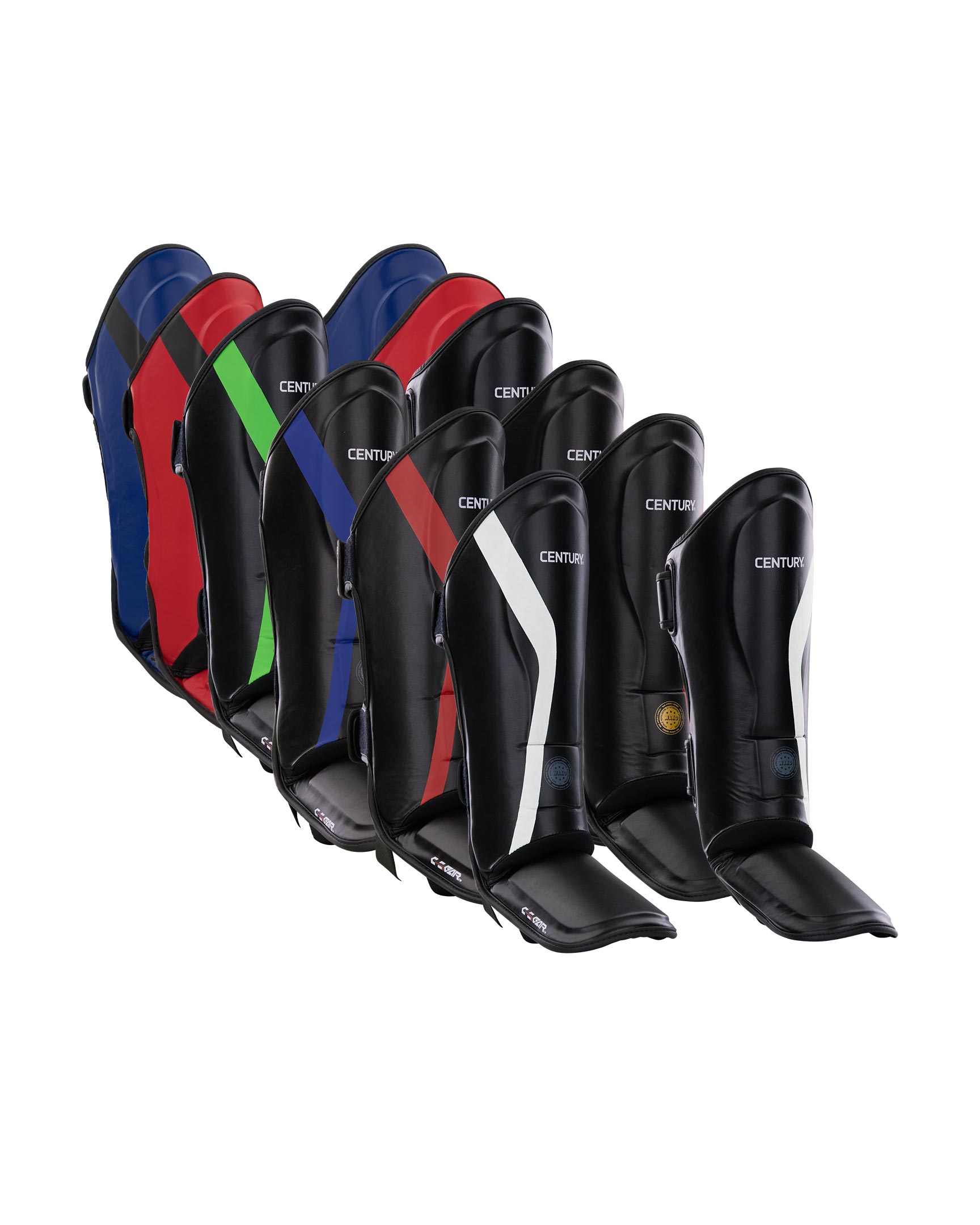 Shin instep guards set with black curved shells and multicolor geometric accents