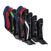 Black boxing shin and instep guard set with red diagonal stripe, curved shell front