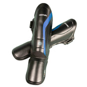 Black shin instep guards with blue side stripe and ankle hook-and-loop strap