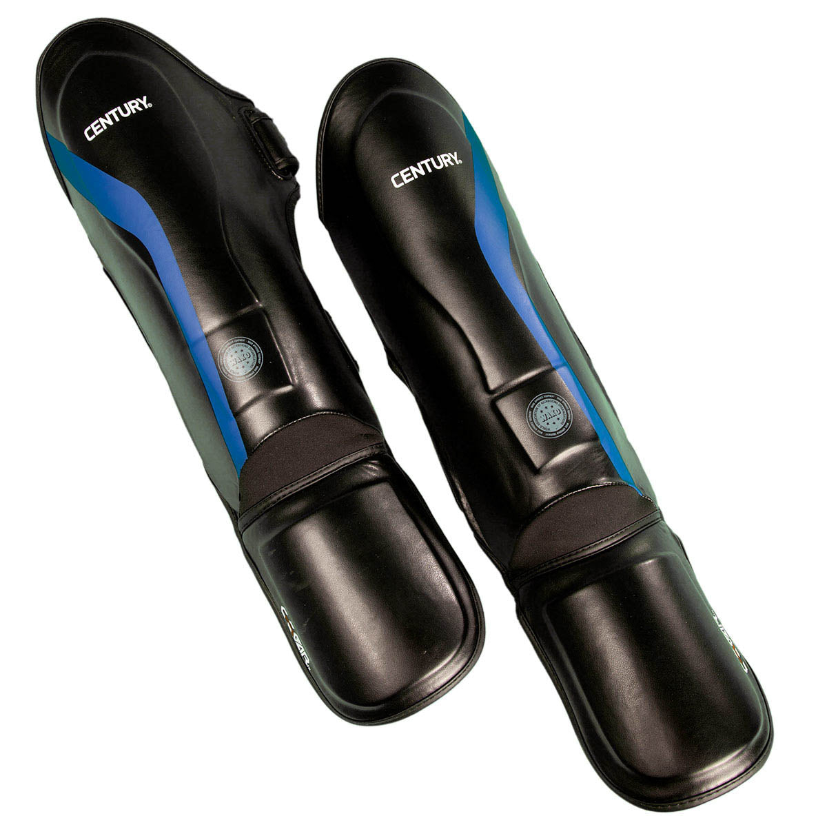 Black shin instep guards with blue diagonal stripes and curved foot padding