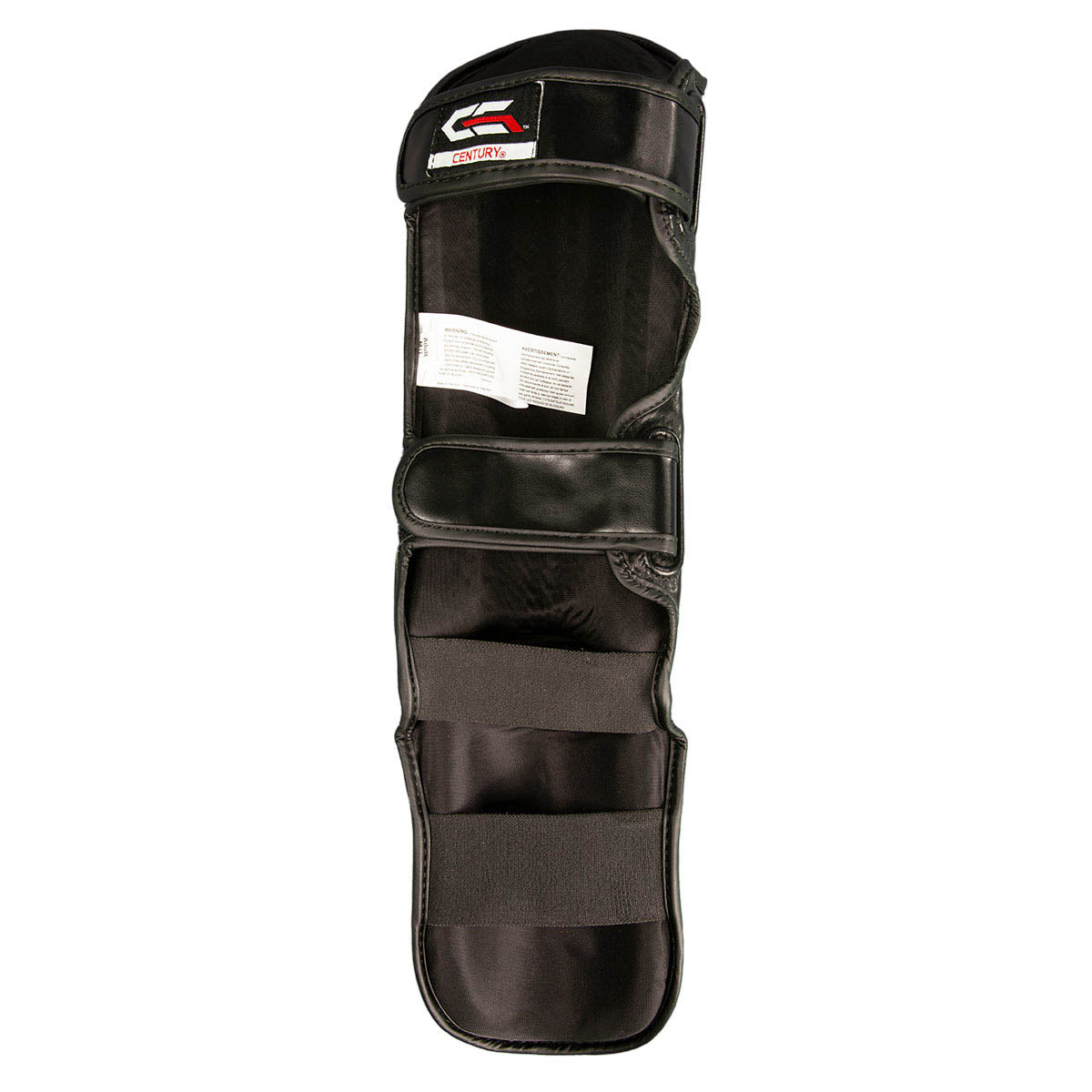Black shin instep guards with adjustable straps and padded back panels