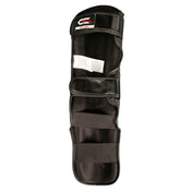 Black shin instep guards with adjustable straps and padded back panels