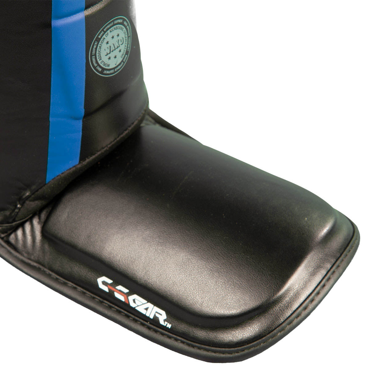 Black padded shin instep guard with rounded edge and C-Gear logo