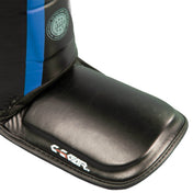 Black padded shin instep guard with rounded edge and C-Gear logo