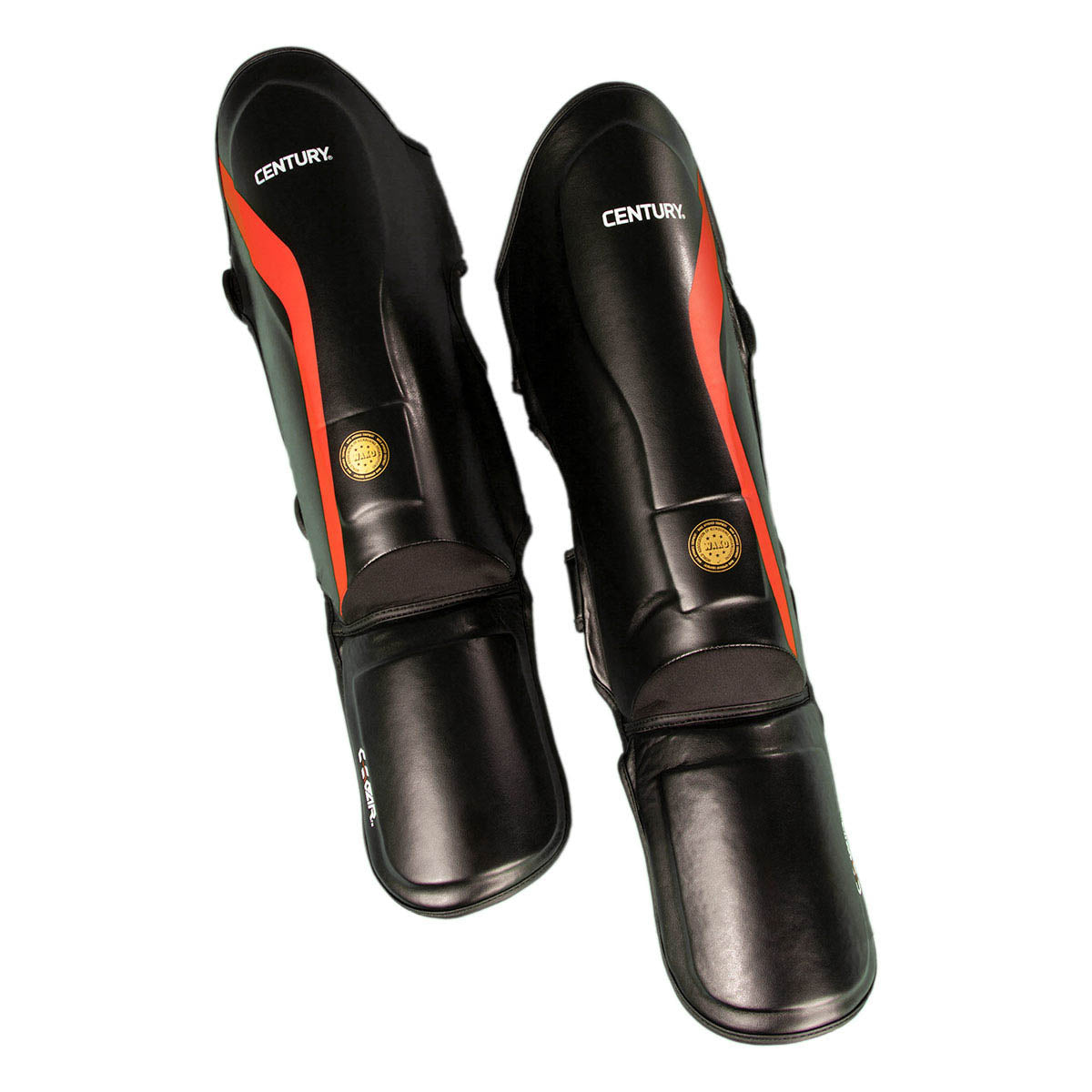 Black boxing shin guards with red stripe and hook-and-loop side straps