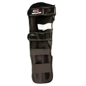 Black shin instep guards with top and side hook-and-loop straps and padding