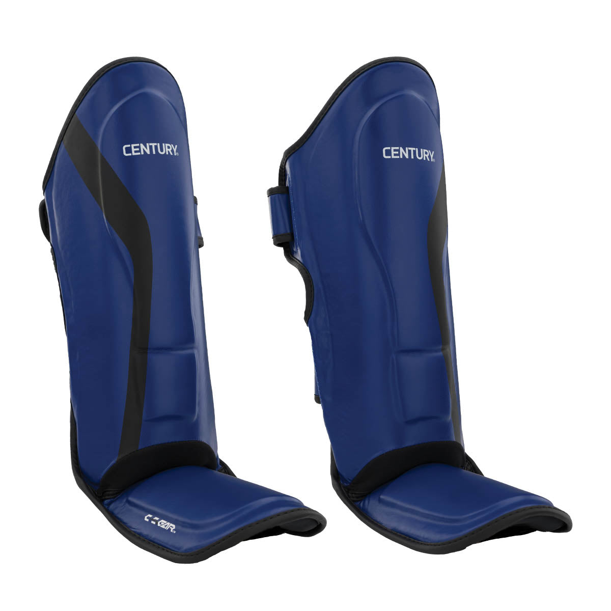 Blue shin instep protector set with black center stripe and hook-and-loop straps