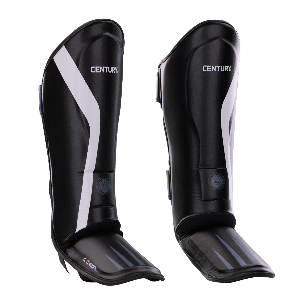 Black shin instep guards with white center stripe and stitched toe guard; CENTURY