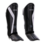 Black shin instep guards with white center stripe and stitched toe guard; CENTURY