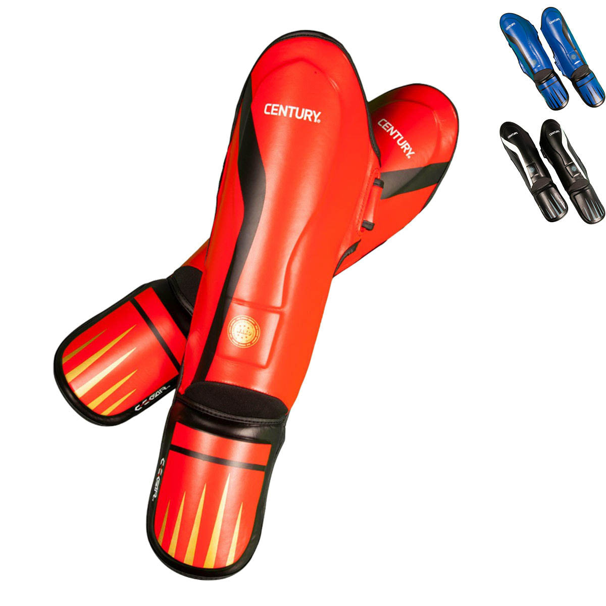 Red shin and instep guards with black straps and Century logo, glossy design