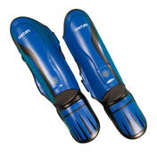 Blue and black shin-instep guards with padded shin and instep graphics