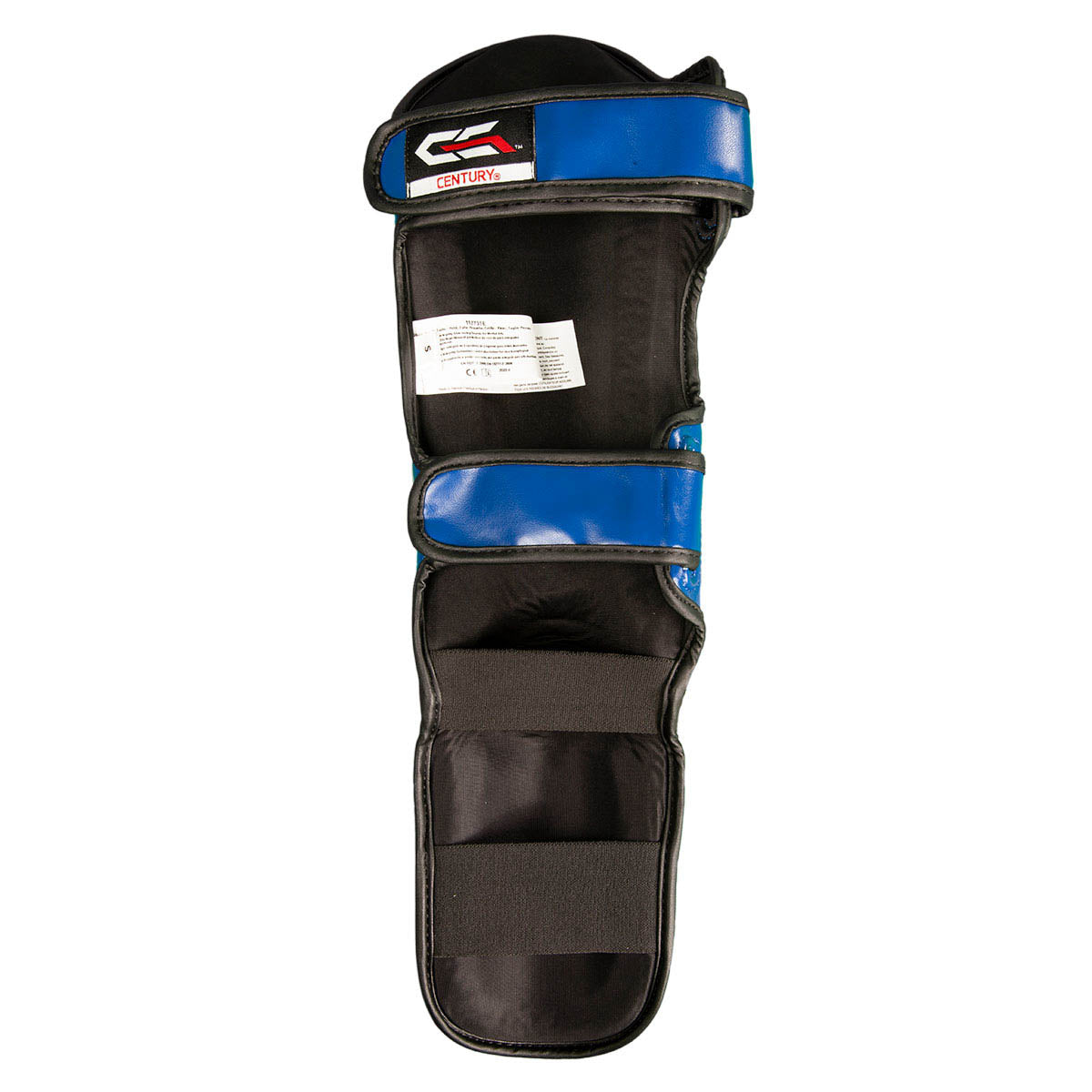 Black and blue shin-instep guards back view with adjustable ankle straps