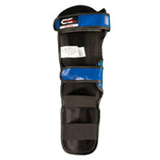 Black and blue shin-instep guards back view with adjustable ankle straps