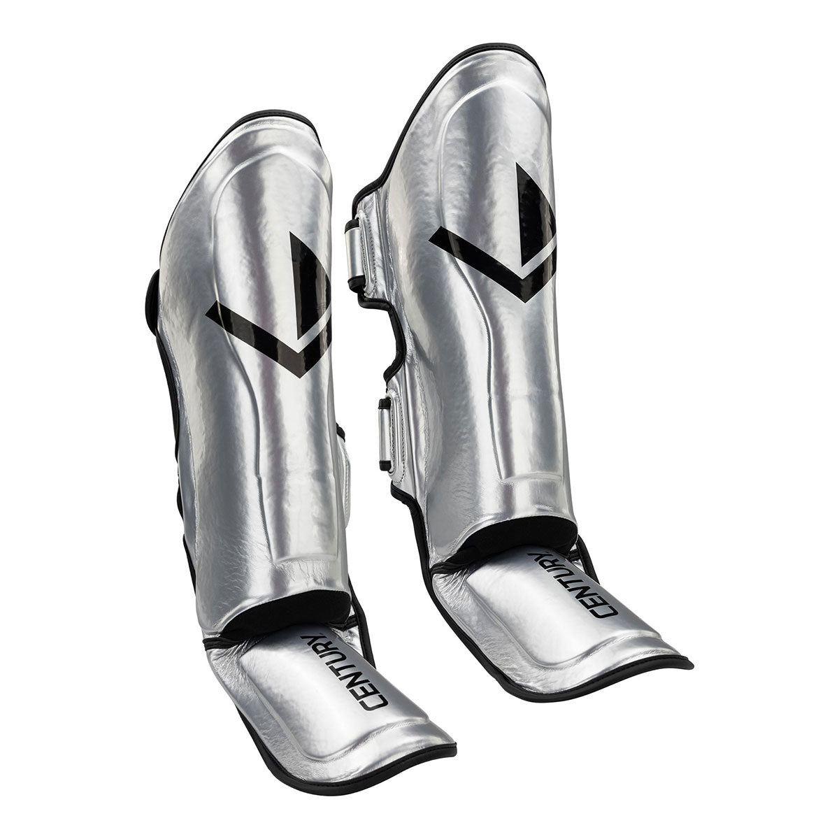 Silver glossy shin guards pair with V logo and adjustable side fastening