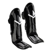 WAKO Valor shin guards, glossy black with white logo panel accents