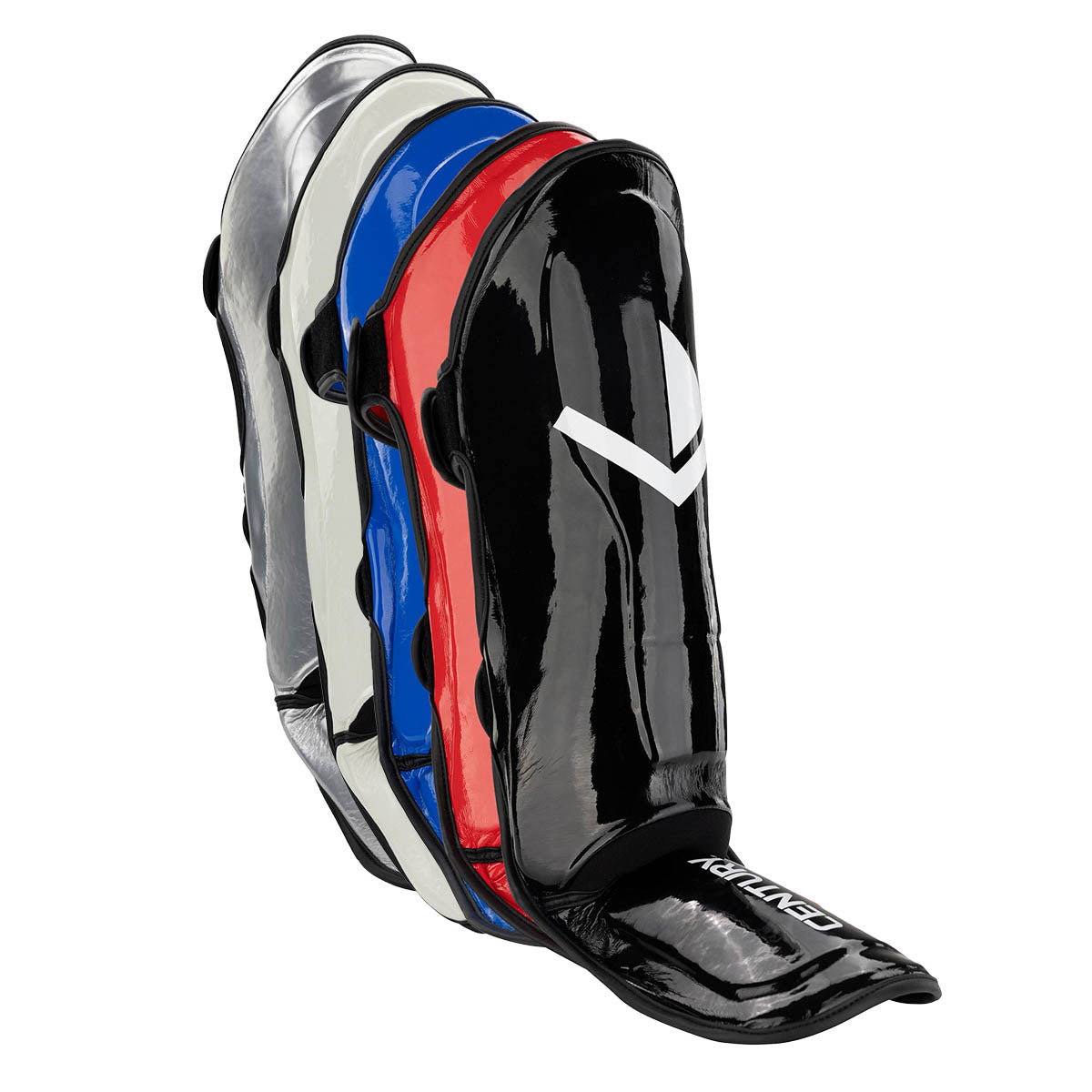 Black shin guards with white logo, glossy finish, and hook-and-loop closure straps.