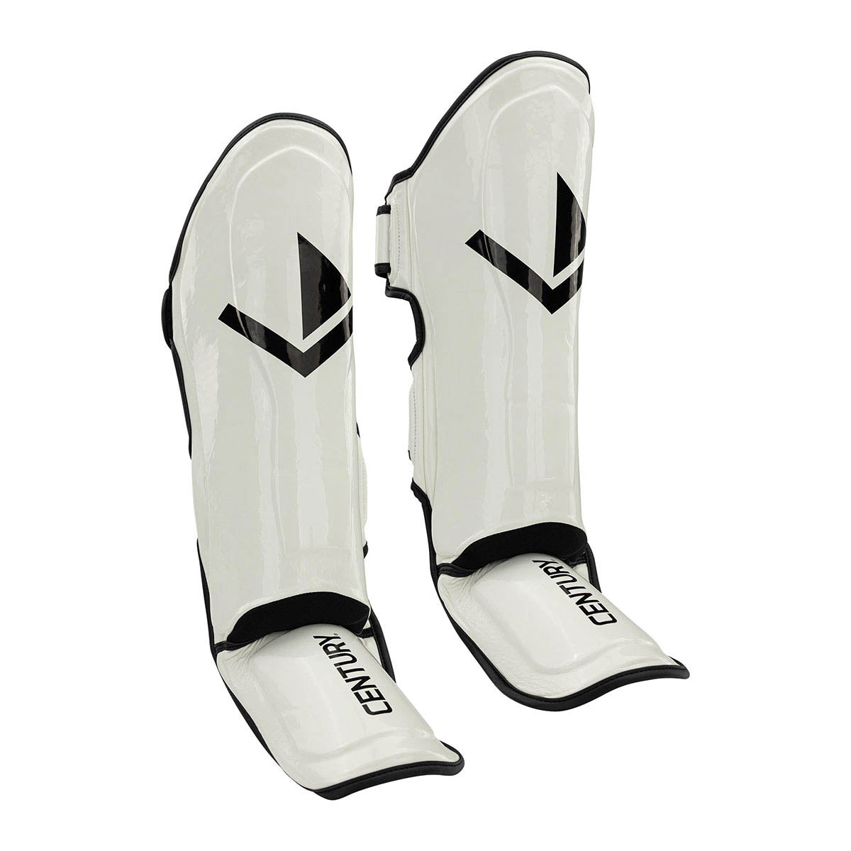 Pair of white shin guards with black edges and hook-and-loop instep strap