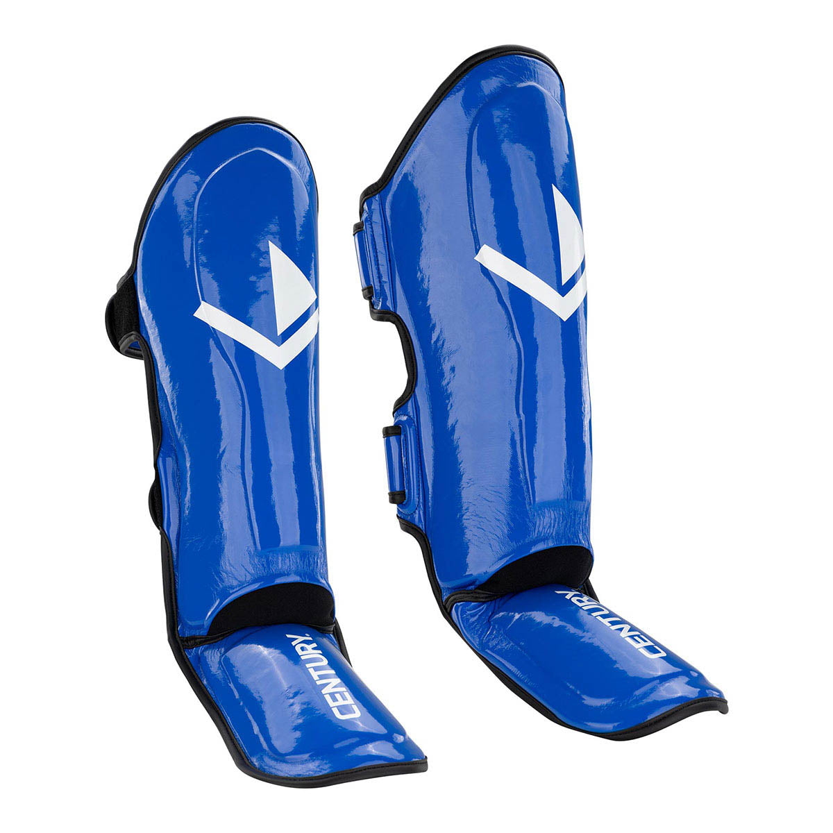 Pair of blue shin guards with black trim and V-logo detail, with protective straps