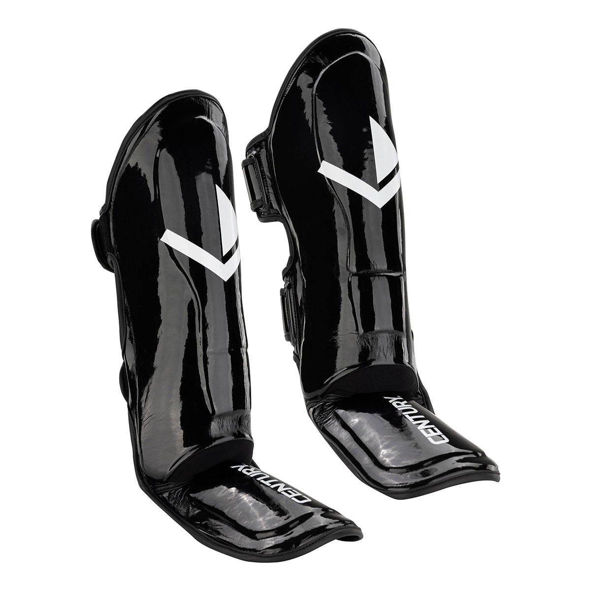 Black glossy shin guards set with V logo and side strap for secure fit