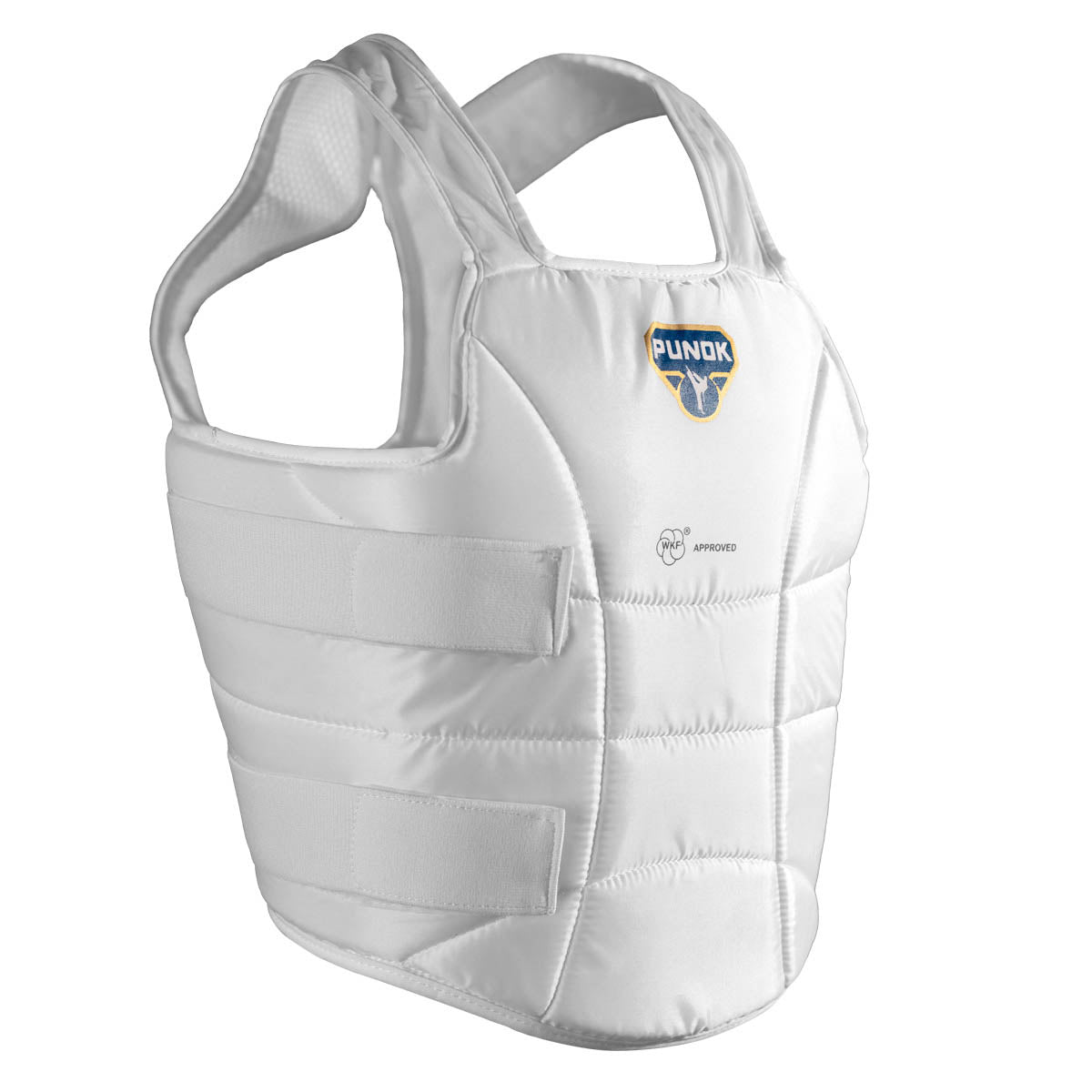 Punok WKF-approved body protector vest, white padded armor front with logo patch