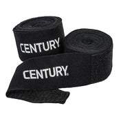 Black cotton hand wraps, rolled pair with CENTURY logo on each strap