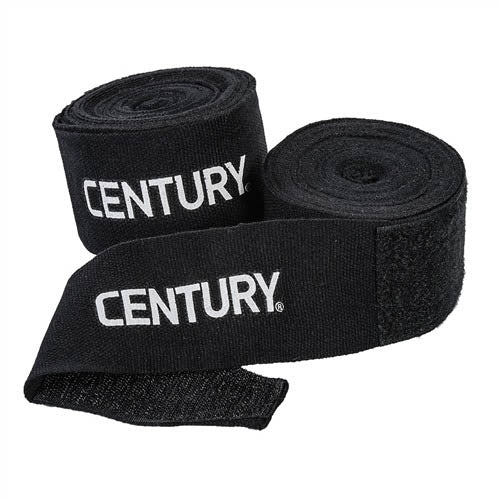 Black cotton hand wraps, rolled pair with CENTURY logo on each strap