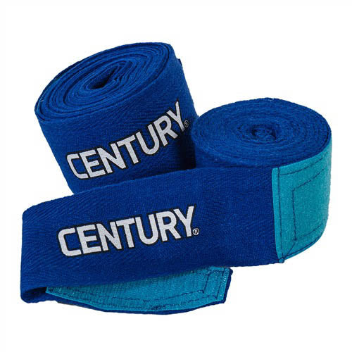 Royal blue cotton hand wraps, rolled pair with CENTURY logo and stitched edges