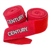 Red cotton hand wraps, rolled pair with CENTURY logo on the outer strap