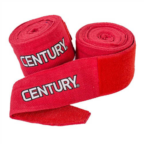 Red cotton hand wraps, rolled pair with CENTURY logo on the outer strap
