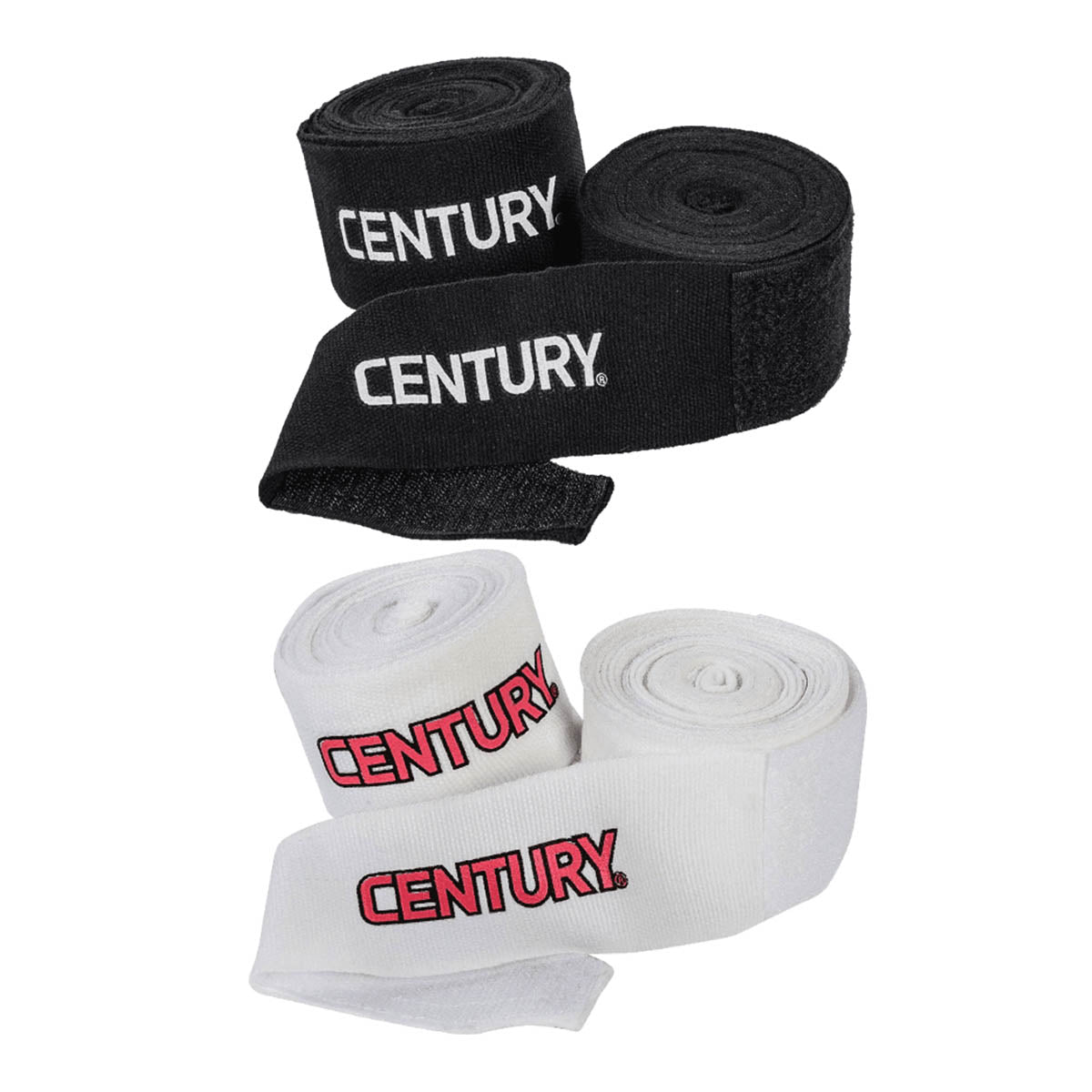 Black and white stretch hand wraps with CENTURY logo labels, rolled sets